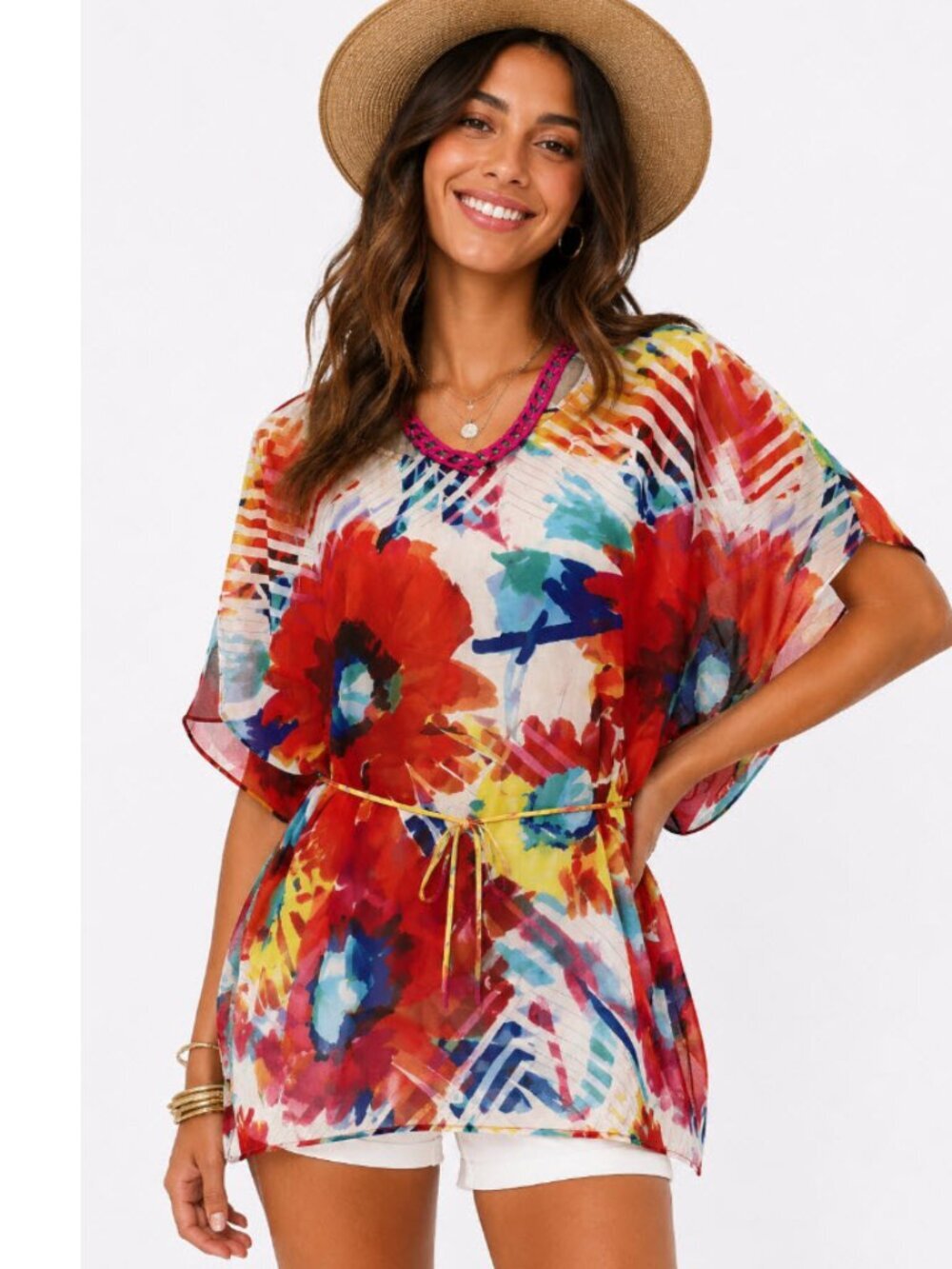 Glam & Fame Floral Sheer Cover-Up Tunic Kaftan Resort Top XL